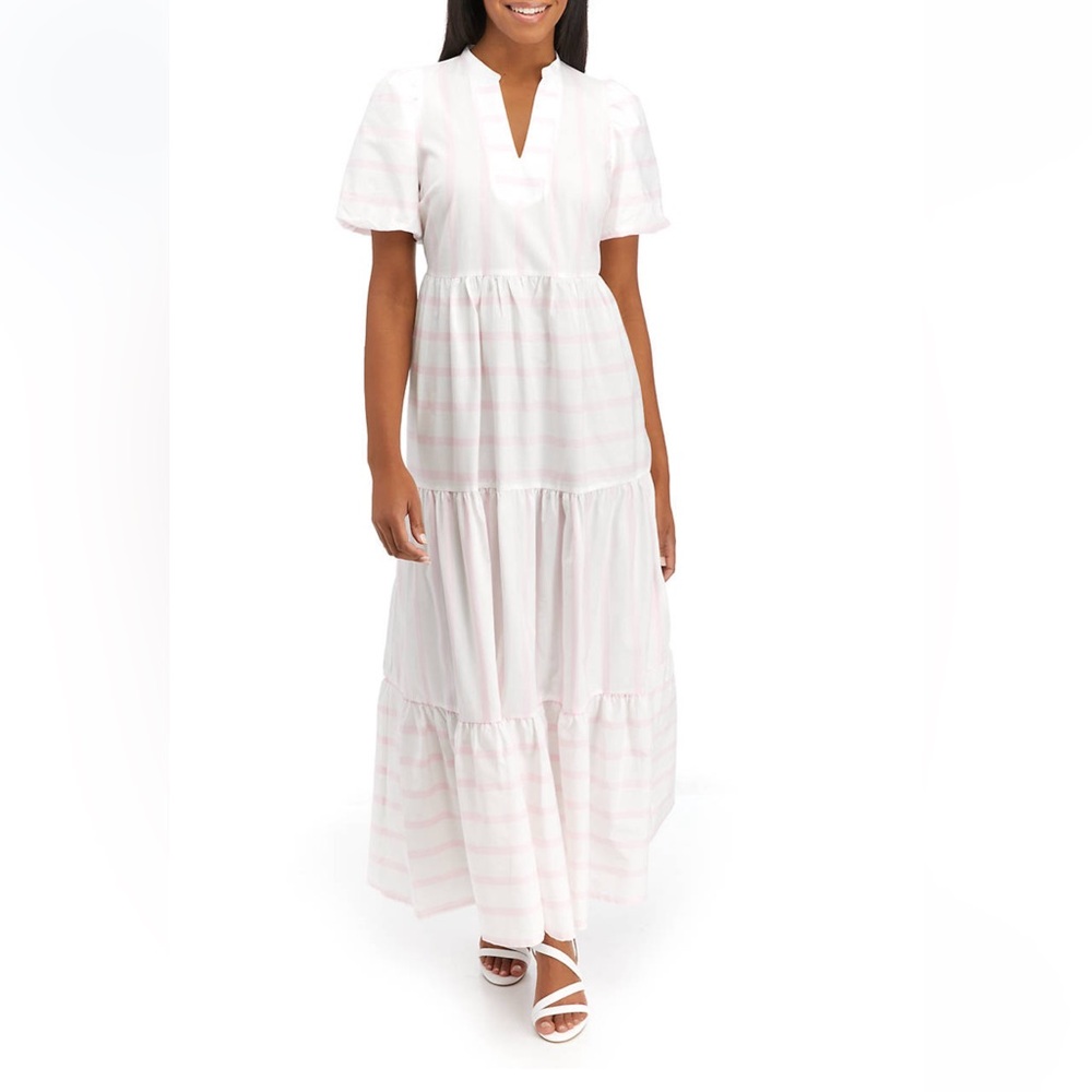 Beautiful NWT Crown & Ivy white maxi dress with pink stripes.